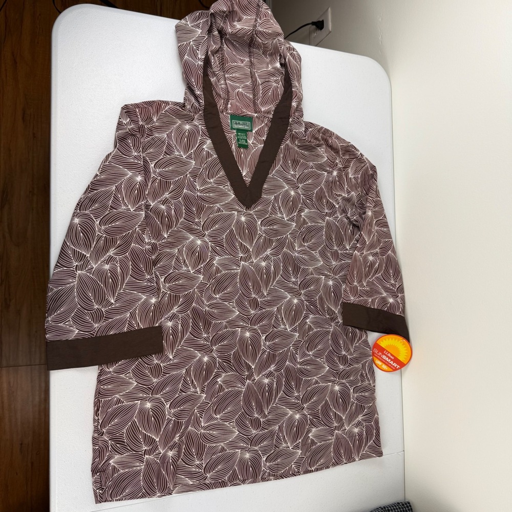 LL Bean SunSmart UPF 50+ Hoodie Swim Coverup Brown Leaf Print Womens XL NWT